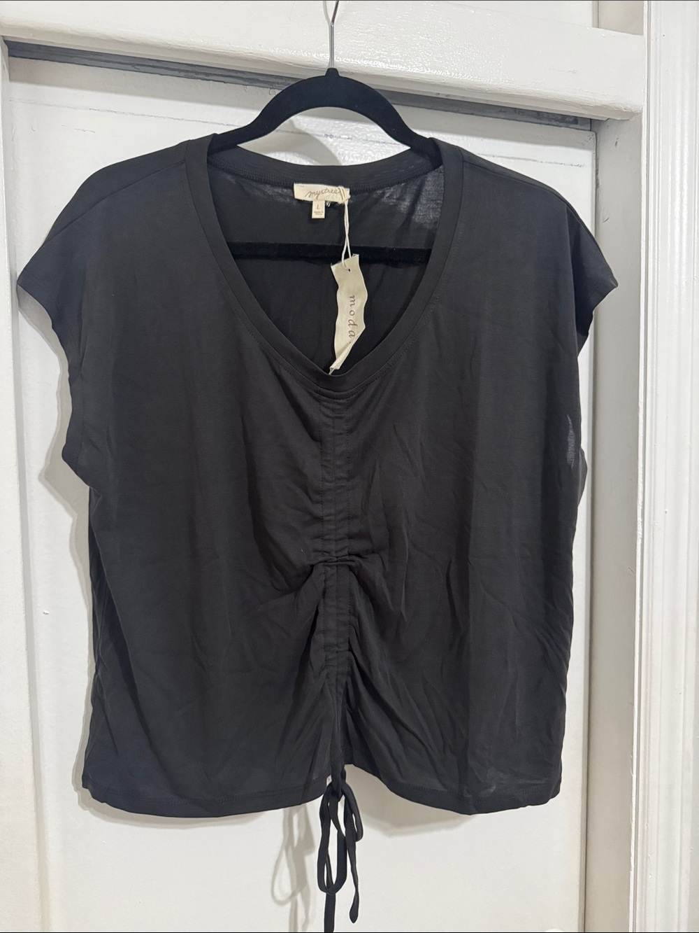 Mystree Black Short Sleeve V-Neck Drawstring Front Top